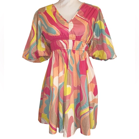 Sincerely Jules Ladies Puff Sleeve Retro Style Multi Pastel Mini Dress Size XS - Picture 1 of 6